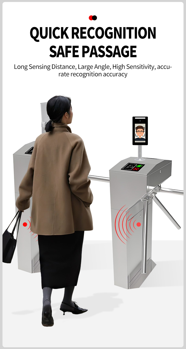 Automated pedestrian gate lane fitted with QR code and proximity card scanners